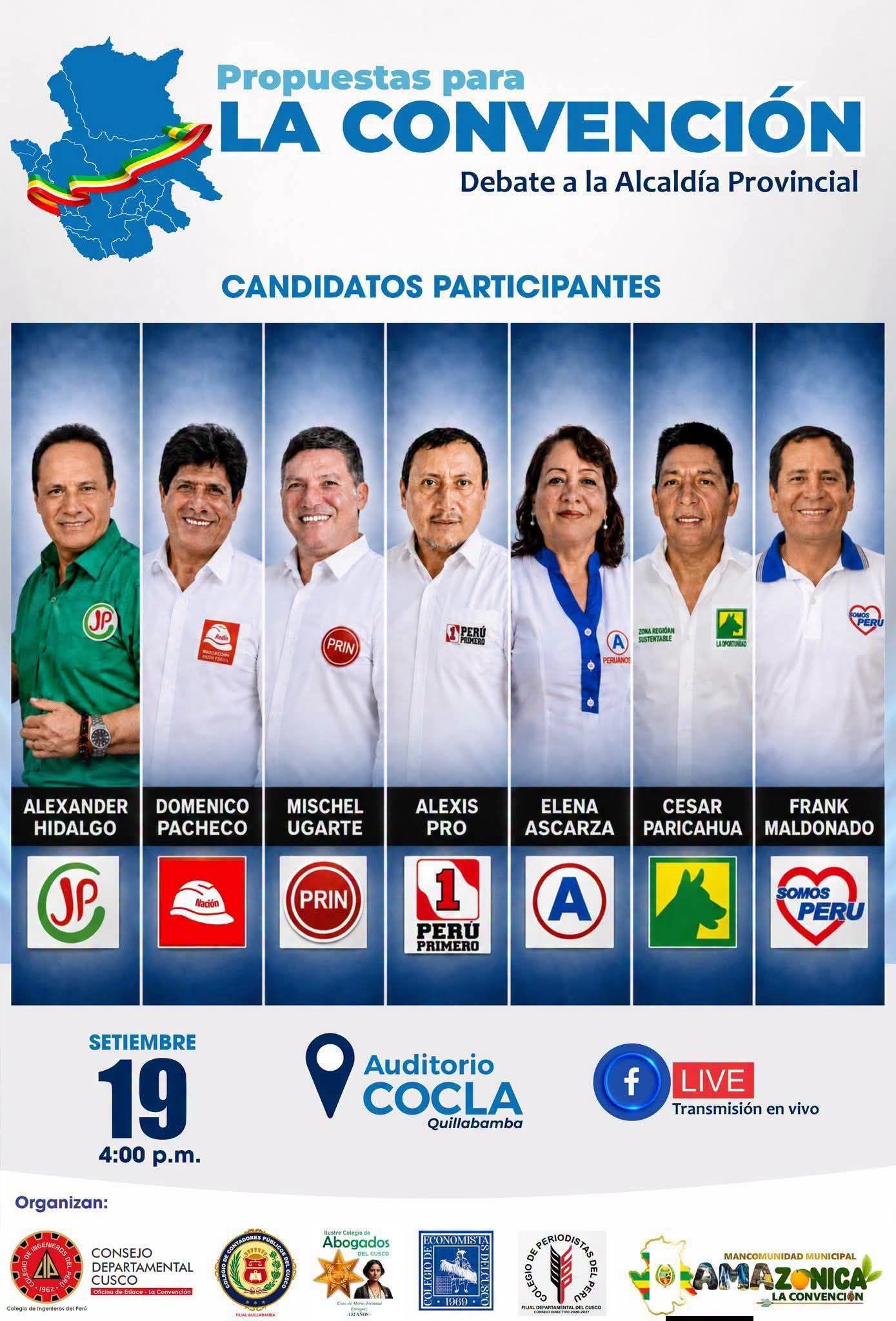Afiche con los siete candidatos al debate por la Alcaldía Provincial de La Convención